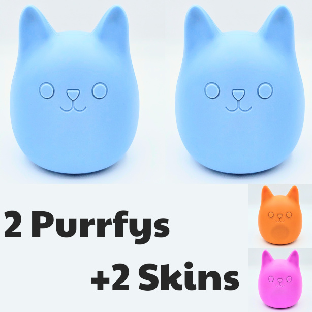 Two blue Purrfys with two coloured skins in green and pink