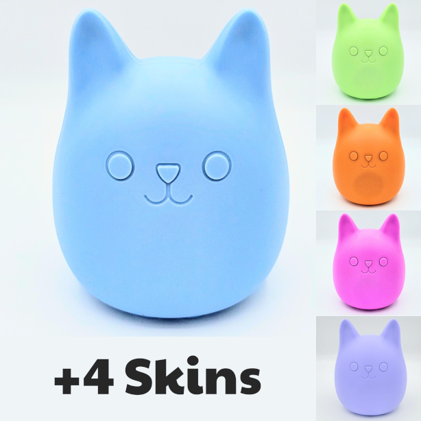 A blue Purrfy with four coloured skins in green, purple, pink, and orange